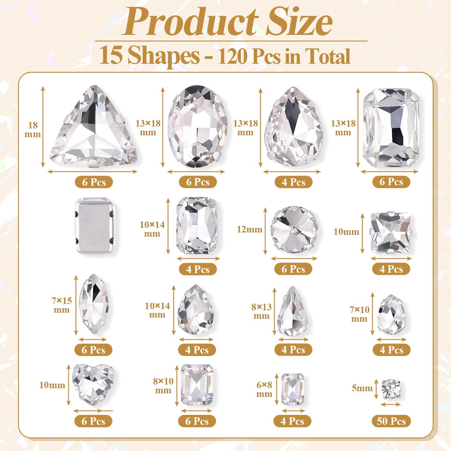 120 PCS White Bedazzling Sew on Rhinestones, Mixed Shape Charms Claw Flatback Glass Rhinestone with Metal Base for Crafting, Large Gems for Clothes Shoes Hats Collars Bags & Sewing Accessories - Image 2