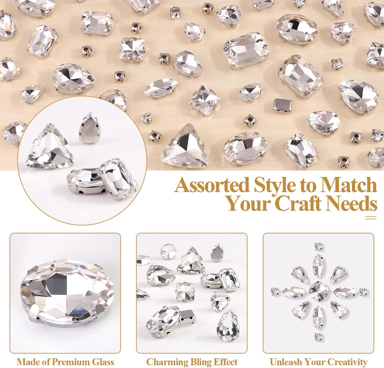 120 PCS White Bedazzling Sew on Rhinestones, Mixed Shape Charms Claw Flatback Glass Rhinestone with Metal Base for Crafting, Large Gems for Clothes Shoes Hats Collars Bags & Sewing Accessories - Image 3